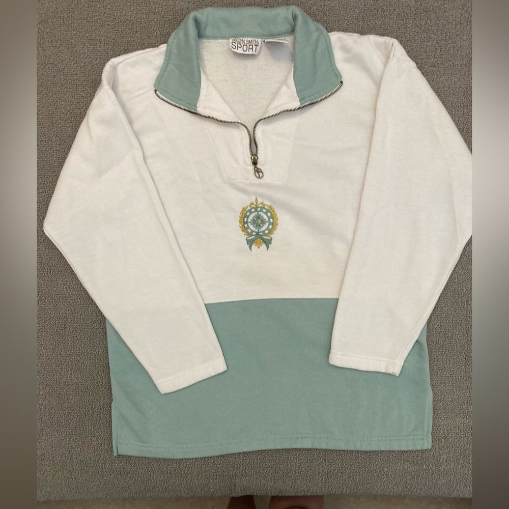 Vintage 90s Jaclyn Smith Sport Medium Sage Green Preppy Chic 1/4 Zip Pullover